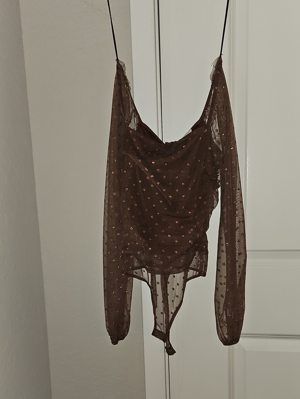 Le Lis Brown Sheer Metallic Dot Long-Sleeve Cowl Neck Bodysuit-- Small